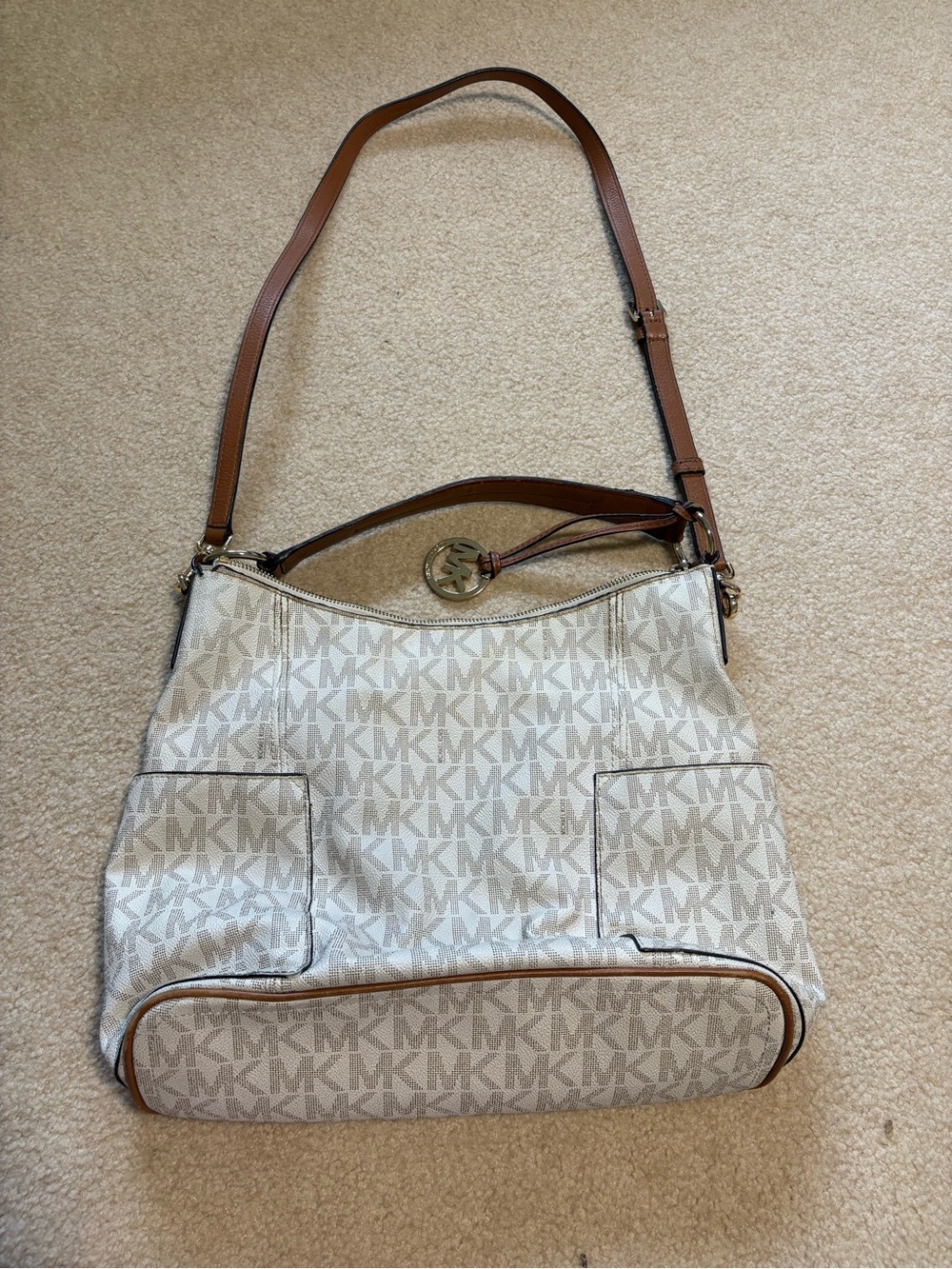 Michael Kors Cream Beige MK Logo Shoulder Bag with Brown Trim
